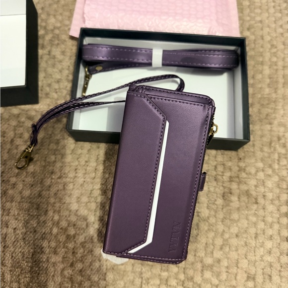 Premium iPhone 14 Purple Crossbody Wallet Phone Case with Strap - Picture 10 of 13